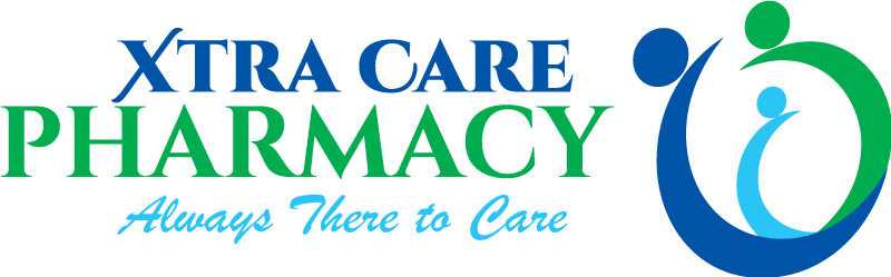 Xtra Care Pharmacy logo with blue 'XTRA CARE' over green 'PHARMACY' text and a circular abstract blue-green icon; tagline 'Always There to Care'.