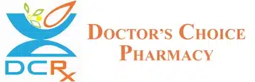 Logo for Doctor's Choice Pharmacy with a blue abstract figure and orange 'DOCTOR'S CHOICE PHARMACY' wordmark.
