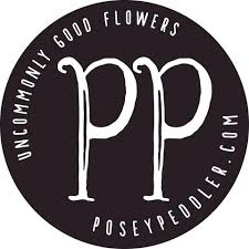 Circular dark logo with a large white 'pp' monogram in the center; rim text reads 'Uncommonly good flowers' and includes a website URL.