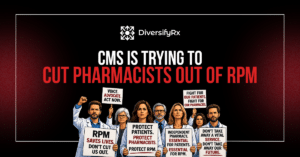 Banner image showing a protest by healthcare workers against CMS plans to cut pharmacists out of RPM, with the DiversifyRx logo and bold red headline.