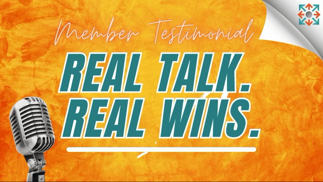 Bright orange testimonial graphic with a vintage microphone on the left and bold teal text reading 'REAL TALK. REAL WINS.'